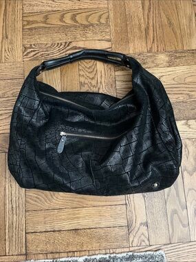 Large Black Leather Hobo Bag - soft crocodile pattern